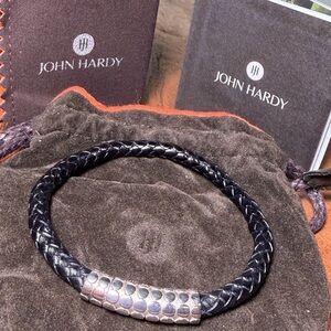 JOHN HARDY SS .925 and Black Leather Bracelet. Clic Magnet Clasp. 8 in
